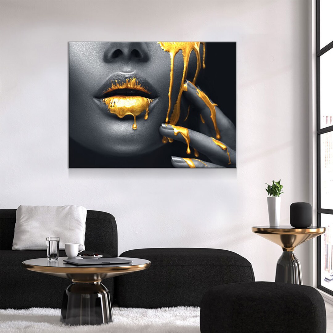 Gold Lips of Desire Canvas Wall Art, Lips Canvas Abstract Art, Abstract
