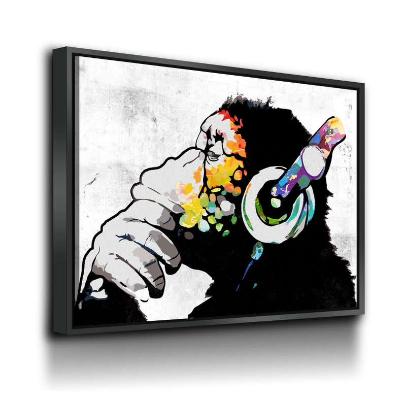Monkey Headphones Canvas Wall Art Thinking Monkey DJ Banksy Etsy
