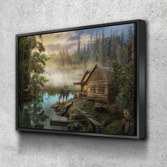 Cabin on the Lake Canvas Wall Art, Forest Cabin, Deer, Owl Decor