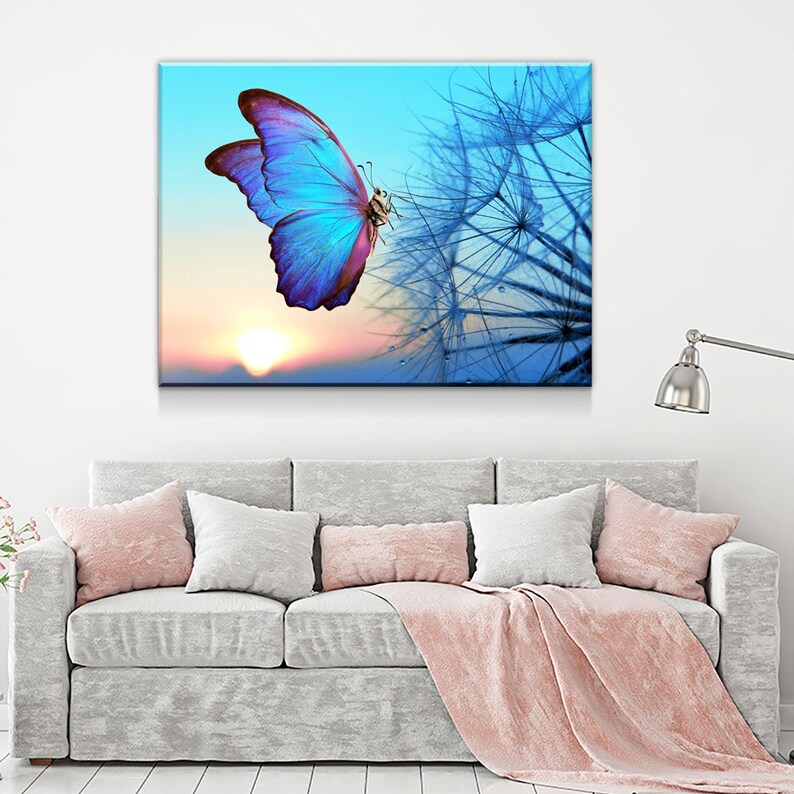 Blue Butterfly Canvas Wall Art Butterfly Decor Dandelion Etsy
