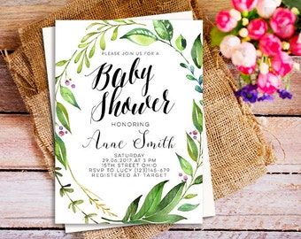 Whimsical Botanical Wreath Baby Shower Invitation, green leaves baby shower invite, Greenery Bridal Invite, script font baby shower invites