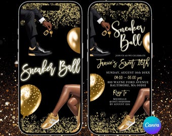 Black glamour 16th birthday animated invitation, Glitter gold disco ball party themed e-invite, sneaker ball girl's sixteen birthday Z181