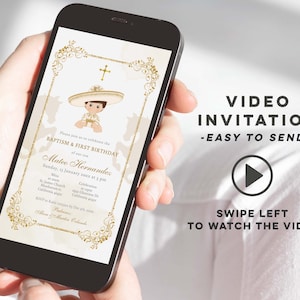 Convite de vídeo de batismo e aniversário de Charro mexicano branco e dourado, convite eletrônico de batismo e aniversário de menino mexicano, convite de ouro branco mexicano Z02