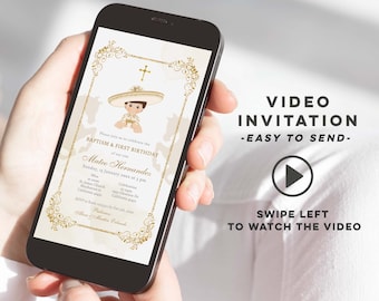 White and Gold Mexican Charro Baptism and Birthday Video Invitation, Boy mexican baptism and birthday e-invite,mexican white gold invite Z02
