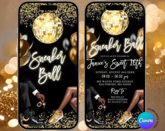 Elegant Black glamour 16th birthday animated invitation, Glitter disco ball party themed e-invite, sneaker ball girl's sixteen birthday Z181