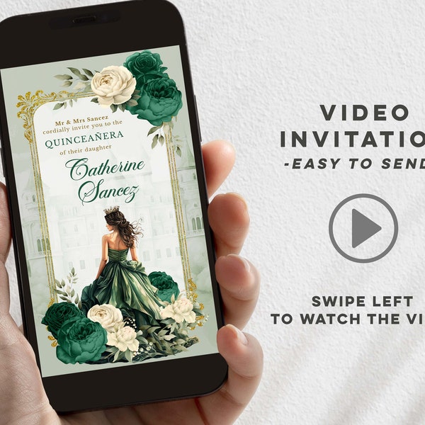 Gold emerald green miss quince video invitation, elegant royal castle princesa quinceañera, green floral princess palace XV años e-invite Q3