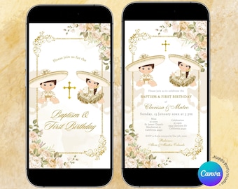 Editable Gold Cactus Floral Baptism Fiesta Twin Siblings animated invitation, Christening  Boy Girl Mexican Cross Baptism e-invite, Z02