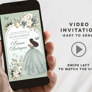 Sage green princess quinceañera animated invitation, boho green dress mis quince video invitation, green ivory floral butterfly e-invite Q26