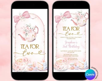 Boho Pink Floral Bow Coquette Pearl 2nd Birthday Tea Party Animated Video, Tea for Two girl's second birthday, Tea pot party e-invite, B6