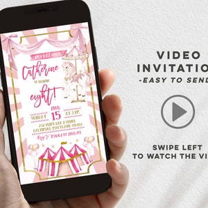 Personalized Pink and Gold Carnival Girl Birthday video invitation, Pink circus e-invitation, girl carousel birthday video invitation E78
