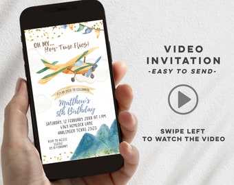 Airplane Boy Birthday Party Video Invitation, Kid's aviation birthday invitation, oh my how time flies e-invite, boy's plane and sky Z109