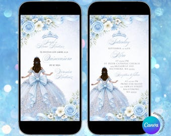 Spanish Dusty Blue Charra Princess Floral 15 Años Quinceañera Animated Video Invitation, Bow Light Blue Girl 16th Birthday Mis Quince,  S530