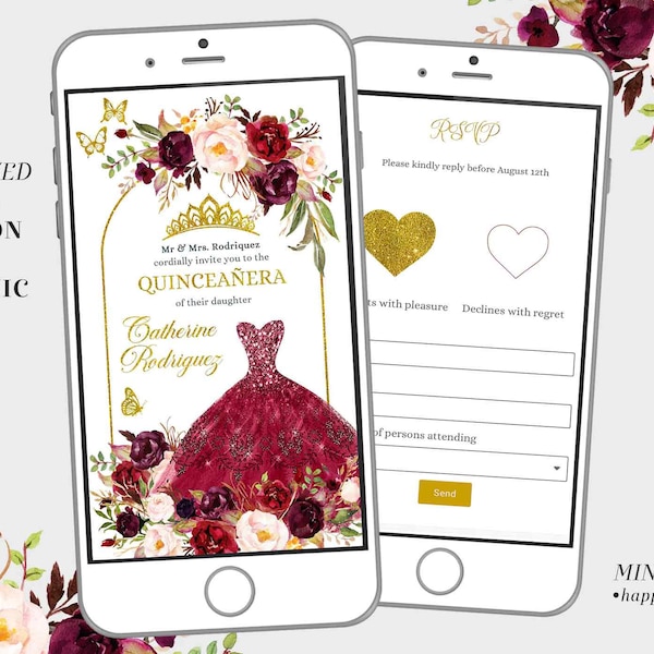 Marsala floral quinceañera invitation with online rsvp, burgundy dress mis quince mini website, red and gold butterfly xv años e-invite Q18