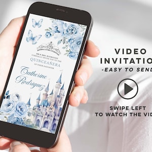 Invito video quinceañera con fiori azzurri, elegante castello reale Princesa Mis Quince, moderna farfalla floreale blu 15 anni e-invite Q41