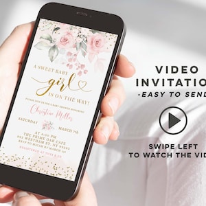 Minimalist blush pink baby shower animated invitation, pink gold baby shower video invitation, a sweet baby girl is on the way e-invite W34