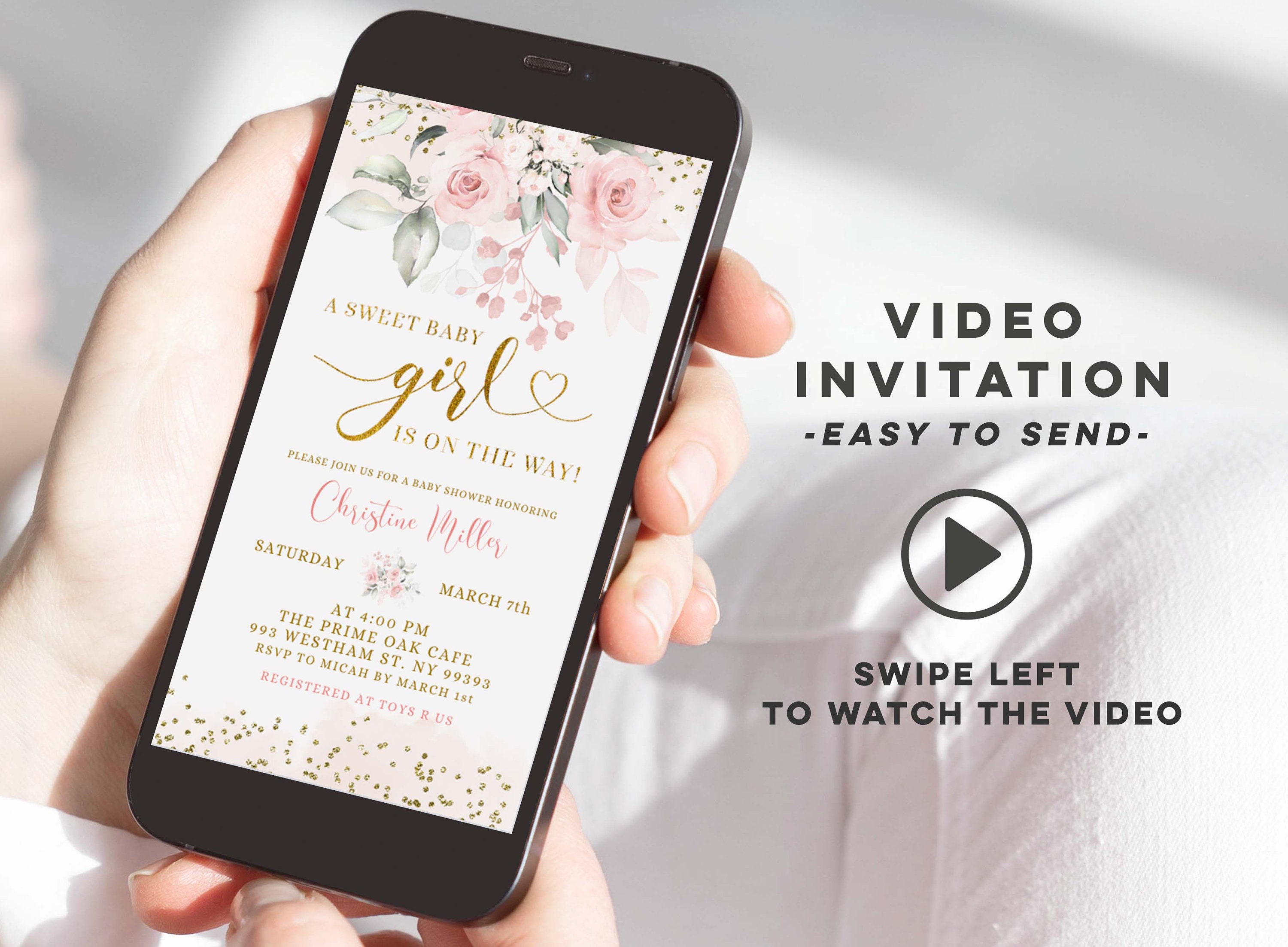 Minimalist blush pink baby shower animated invitation, pink gold baby shower video invitation, a sweet baby girl is on the way e-invite W34