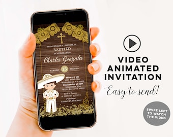 Wood Rustic Gold Charro Bautizo Video Invitacion, Wood bautizo invitacion, rustic bautizo e-invite, charro bautizo, gold charro bautizo ZM84