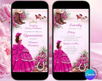 Spanish Magenta Fuchsia Floral Charro Princess Dress Sweet 15 Años Animated video Invitation, Cowgirl Boots Mis Quince Girl Quinceañera S255