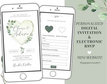Elegant greenery heart wedding web invitation, greenery leaf wedding invitation with online rsvp, minimalist wedding website invitation W4
