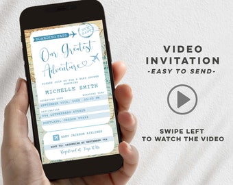 Boy airline ticket baby shower animated invitation, blue travel adventure ticket baby shower, boarding pass flight ticket video invite B4