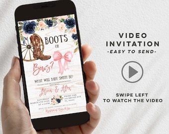 Personalized Country Boots or Bows Gender Reveal video invitation, Digital Country Western text invite, Cowboy Gender reveal invite Z147