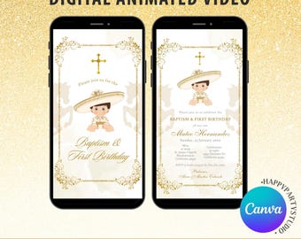 White and Gold Mexican Charro Baptism and Birthday Video Invitation, Boy mexican baptism and birthday e-invite,mexican white gold invite Z02