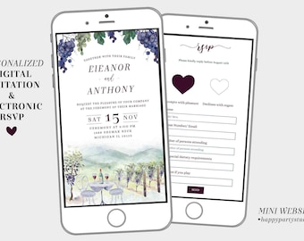Romantic vineyard wedding website invitation, winery wedding invitation with online rsvp, napa wedding mini website, vinery invitation W40