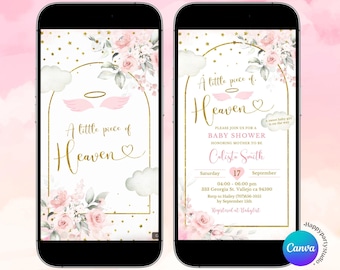 Pink little pieces of heaven baby shower animated invitation, minimalist Pink gold baby shower themed e-invite, pink floral baby shower Z180