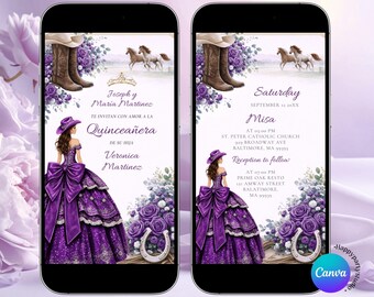 Spanish Lavender Purple Floral Charro Princess Dress Sweet 15 Años Animated video Invitation, Cowgirl Boots Mis Quince Girl Quinceañera S255