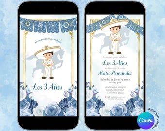 Pastel Blue Los años animated invitación niño, Gold Charro Tres años Invites 3rd Birthday Party e-invite, Third Birthday Mexican theme S280