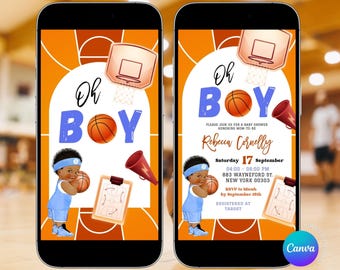 Editable basketball baby shower video invitation, orange african boy sports baby shower e-invite, basketball court oh boy baby shower, Z179