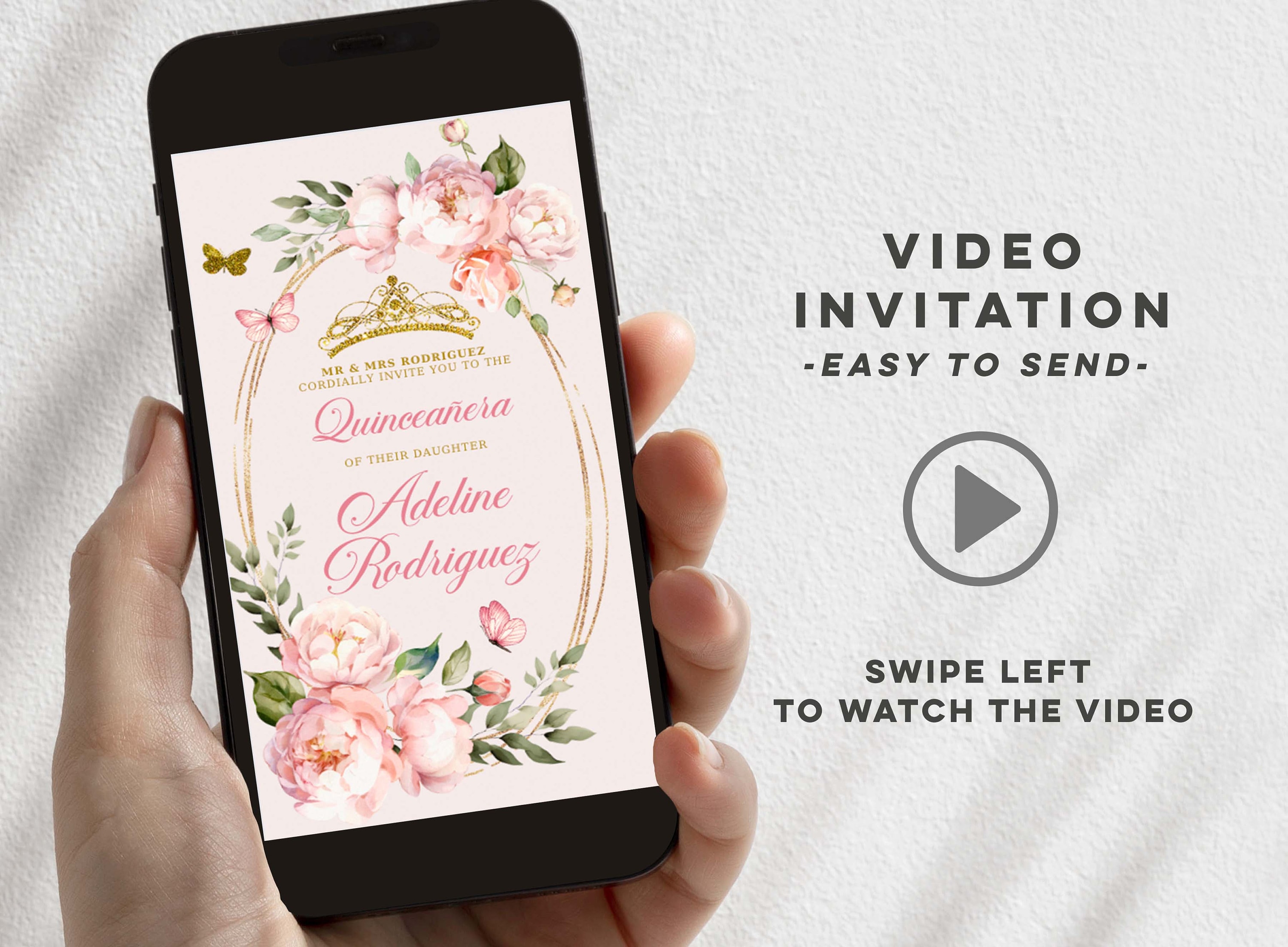 Elegant light pink butterfly sweet 16th animated invitation, pink gold floral quinceañera e-invite, minimalist pretty pink mis quince Q31
