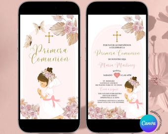 Girl Boho Pink Floral Holy Communion Animated Video Invitation, Primera comunión Little Girl Praying First Christening Holy Communion, S433