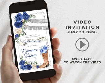 Silver navy blue floral western mis quince animated invitation, western floral boots quinceañera, spanish blue sweet 16th video invite Q13