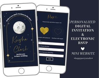 Moon wedding theme invitation with online rsvp, celestial sky wedding mini website, galaxy night wedding e-invite, constellation wedding E83