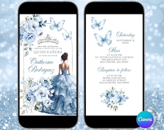 Dusty Blue Girl sweet 16 party quinceañera animated Floral invitation, Royal Siver Crown princess e-invite, Mis Quince butterfly 15 años Q41