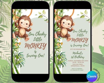 Greenery Floral Our Cheeky Little Monkey 1st Boy Birthday Animated Video Invitation, Brown Monkey Jungle Animal Theme Birthday Party, BR1