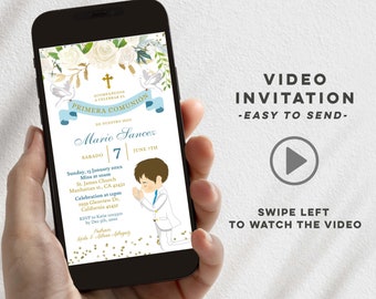 Spanish boy primera comunión animated invitation, white blue first holy communion video invitation, elegant floral christening e-invite Z90