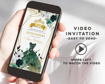 Personalized Gold and Emerald Green Dress Quinceanera Invitation, Elegant green mis quince video invite, hunter green floral sweet 15th Q3