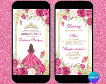 Fuchsia Pink Mis Quince Animated Video Invitation, Fuchsia dresses mexican Quiñceanera, fuschia pink floral spanish 15 Anos butterfly, S385