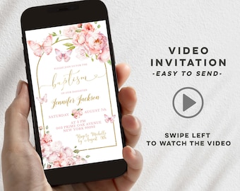 Elegant blush pink floral baptism animated invitation, minimalist gold pink girl christening, butterfly pink baptism video invitation B11