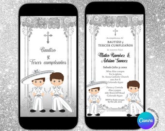 Twin Boys siblings Silver 3RD Birthday & Baptism animated invitation, Twins Silver Charro Fiesta Frame Baptism Christening e-invite, S273S