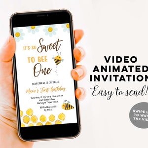 Sweet Honey Bee First Birthday Digital Animated Invitation, sweet to bee one e-invitation, bee first birthday invitation, honey bee invite