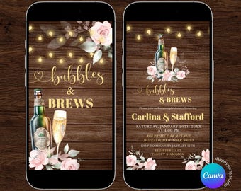 bubbles and brews couples shower animated invitation, pink roses floral beer and bottle e-invite, rustic wood background couple shower, Z172