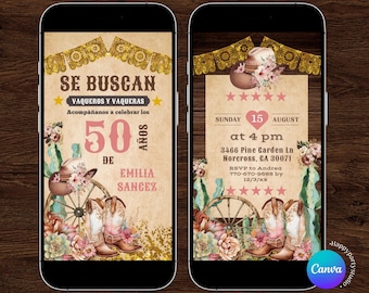 Spanish Mexican Cowgirl Birthday animated invitation, country boots birthday themed e-invite, texas cactus & southwestern adult spanish Z103