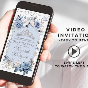 Invito animato Boho blu polveroso mis quince, invito elettronico quinceañera floreale argento e blu, elegante corona reale 15 anni video invito Q13