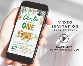 Boy Sloth Birthday Video Invitation, Boy birthday invitation, sloth birthday e-invite, sloth one birthday invitation, let's hang out Z52