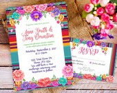 mexican floral folk wedding invitation, Destination wedding invitation Mexico, colorful rainbow floral invite, traditional mexican theme