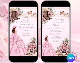 Spanish Pink Floral Charro Princess Dress Sweet 15 Años Animated video Invitation, Cowboy Boots Horses Mis Quince Girl Quinceañera, S255