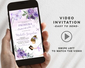 Purple spanish first holy communion video invite, lilac floral kneeling girl primera comunión, geometric butterfly christening e-invite B11